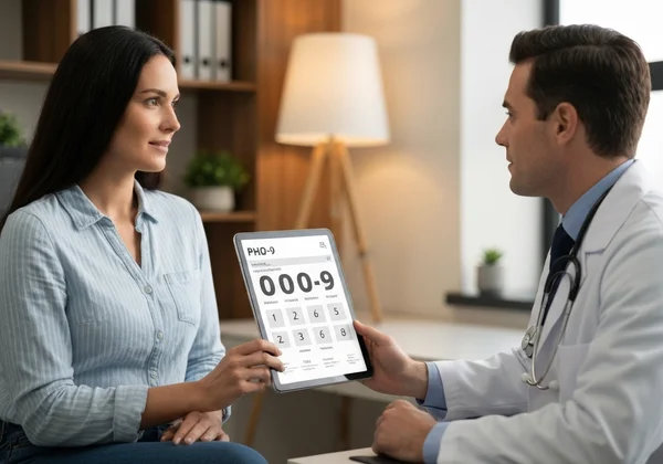 Patient sharing PHQ-9 results with doctor calmly.