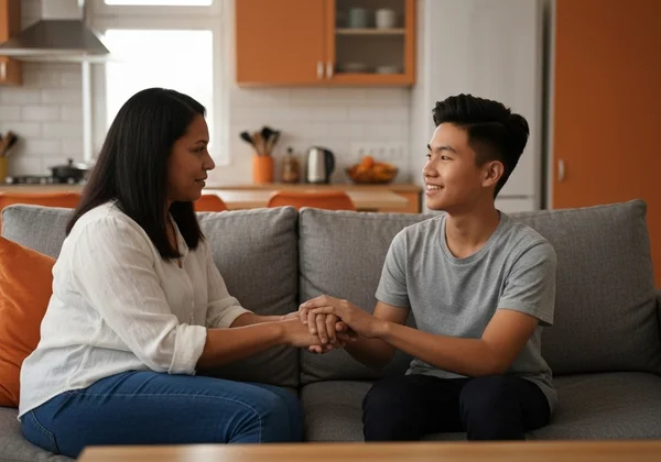 Parent and teen having a calm, supportive conversation at home