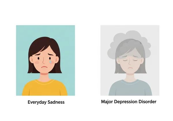 Contrast of temporary sadness versus persistent depression.