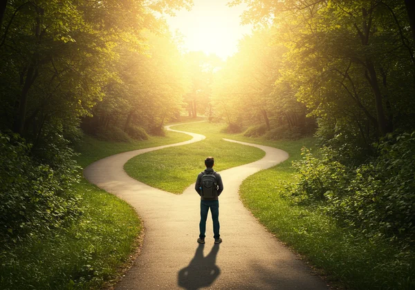Person walking towards a bright path, symbolizing emotional growth.
