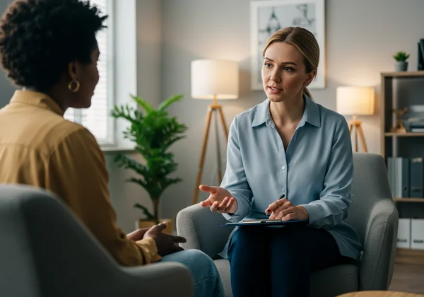 Person talking to a therapist, showing professional support.