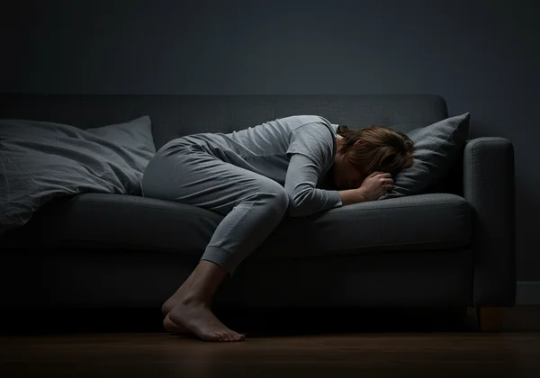 Person experiencing profound fatigue, struggling to get up