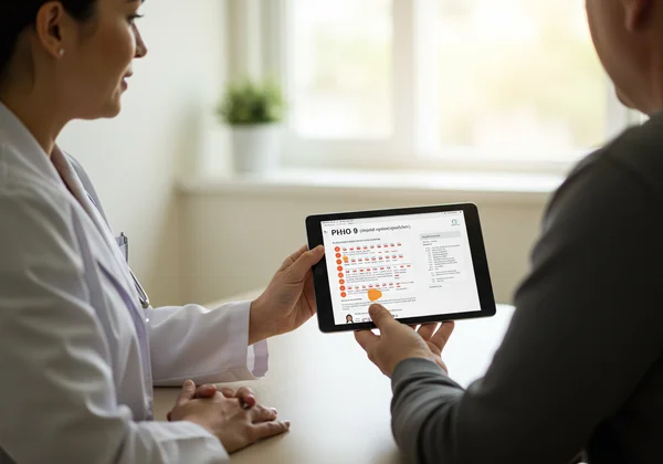 Clinician discusses PHQ9 with patient on a tablet