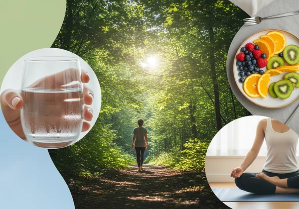 Collage of gentle self-care activities like walking and hydration