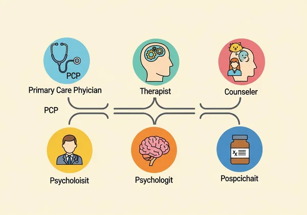 Icons representing various mental health professionals on a path