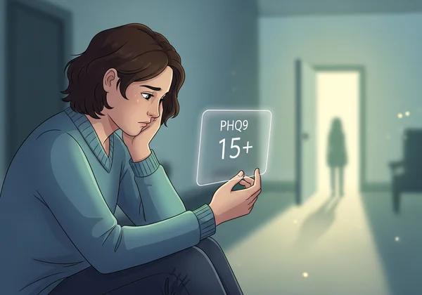 Person contemplating a high PHQ9 score, looking concerned