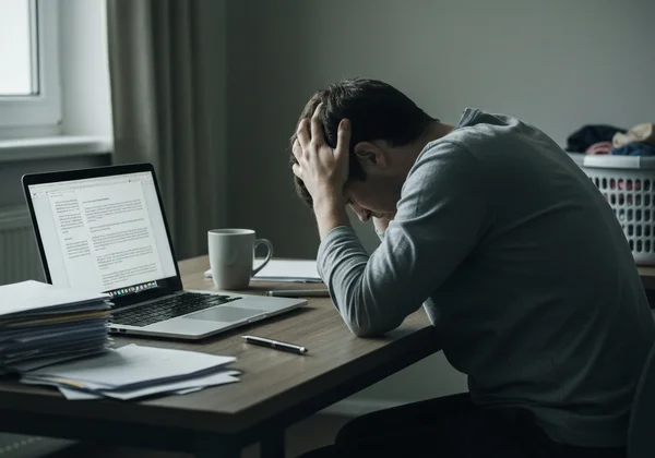 A person experiencing deep fatigue and brain fog at home.