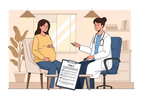 Pregnant woman discussing PHQ9 with doctor