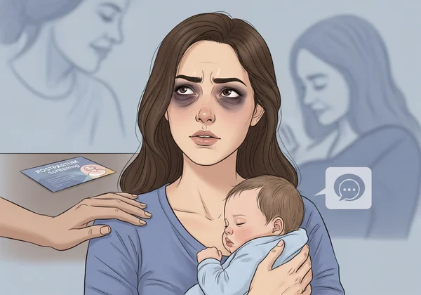 New mother holding baby, showing mixed emotions