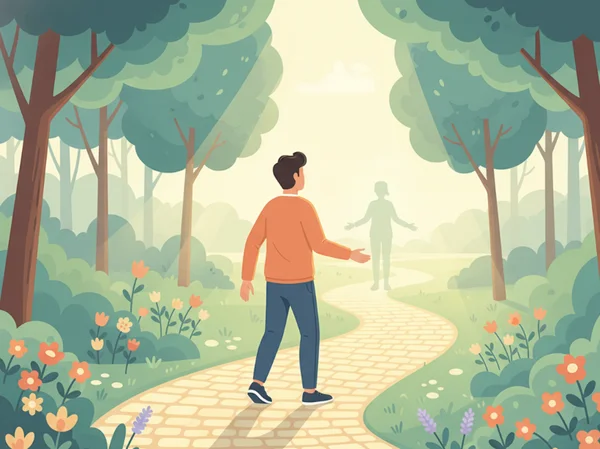 A person walking towards a brighter path