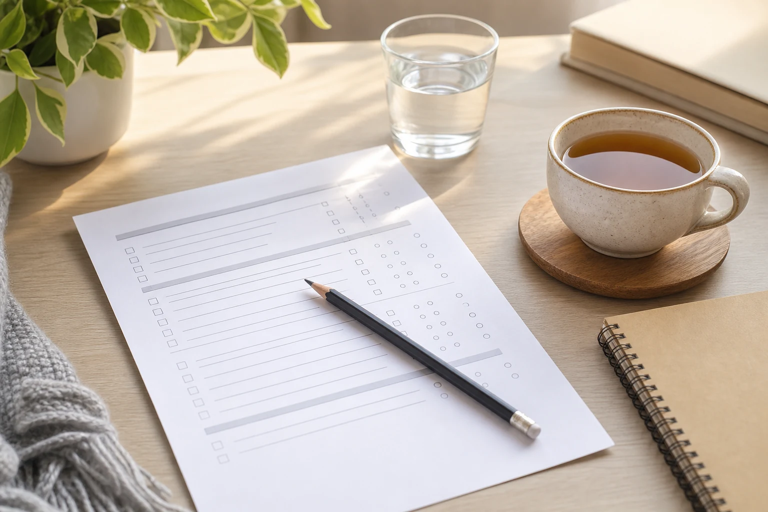 Calm questionnaire on a desk
